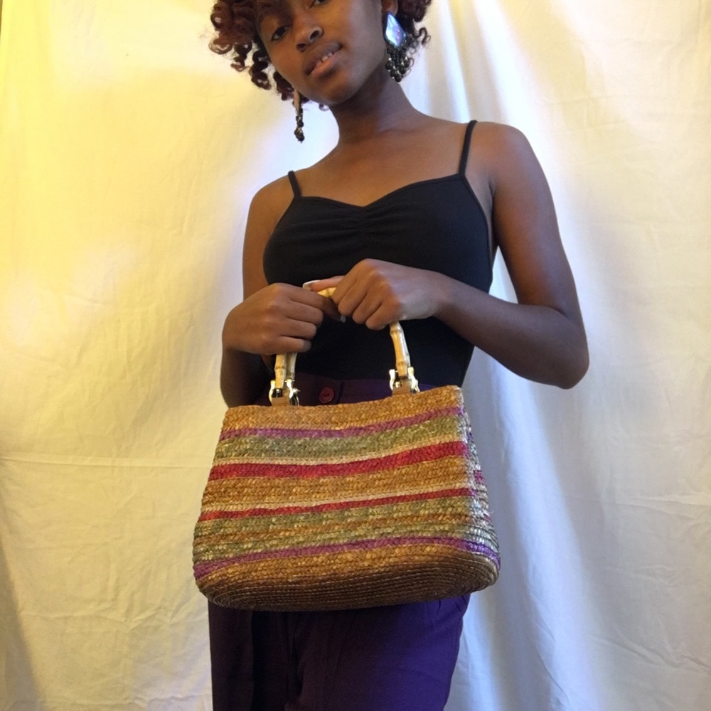 Colorful woven bamboo handle handbag